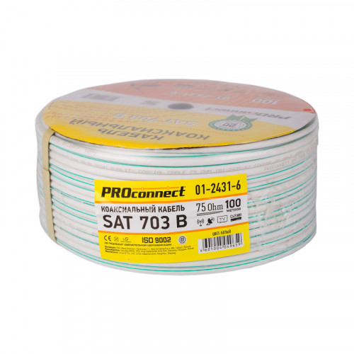 Кабель коаксиальный SAT 703 B, Cu/Al/Cu,  64%,  75Ом,  100м, INDOOR,  белый PROconnect