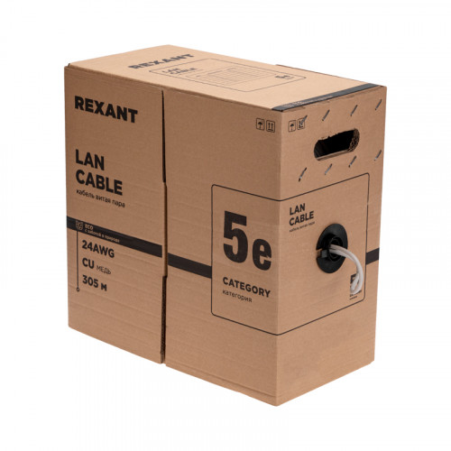Кабель витая пара F/UTP,  CAT 5e, PE,  4PR,  24AWG, OUTDOOR, SOLID,  черный,  305м,  РФ REXANT